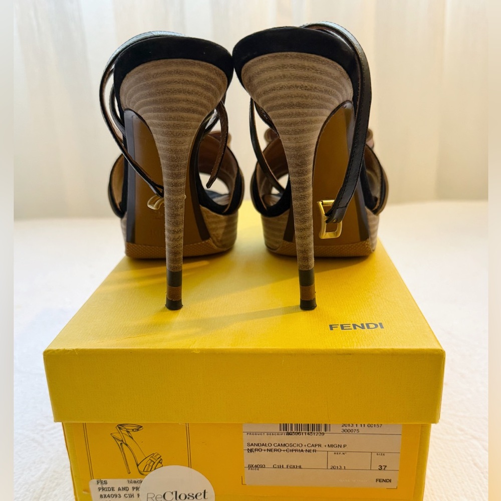 Fendi Zucca FF Logo Platform Strappy Heels Black Tan Leather Designer Sandals  7 - Picture 8 of 8